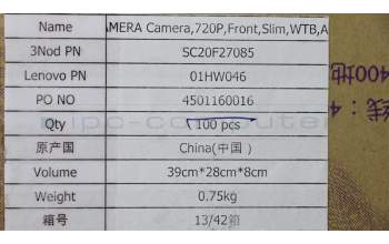 Lenovo 01HW046 CAMERA Camera,720P,Front,Slim,WTB,Azw