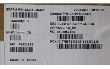 Lenovo 5CB1L50451 C-Abdeckung mit Tastatur, Englisch (GB), Wolkengrau, Hintergrundbeleuchtung, Fingerabdruckleser