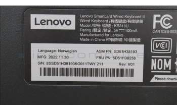 Lenovo 5D51H38238 Lenovo Smartcard Wired Keyboard II,Norwegian