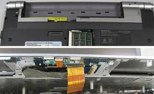 Abriss des Folienkabels zwischen Topcase und Mainboard an einem edlen Sony VAIO VGN-Z21 Notebook als Folge unfachm&auml;nnischer &Ouml;ffnung des Geh&auml;uses.